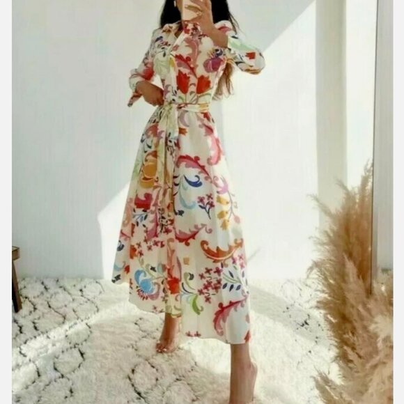 Zara Dresses & Skirts - ZARA OFF WHITE IVORY MULTI FLORAL PRINT COTTON MIDI DRESS